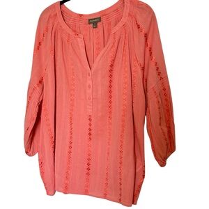 Style & Co Womens Puff Sleeve Salmon  Eyelet Embroidered Blouse 2-XL New w/ Tags